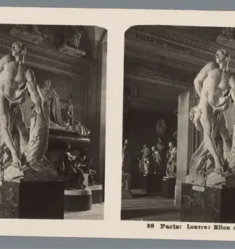 Milo of Croton marble sculpture at the Louvre, shown in dramatic struggle with a lion.