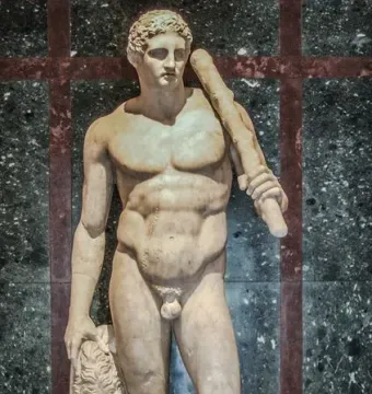 Lansdowne Heracles, a marble statue of a muscular nude male figure holding a club over his shoulder with a lion skin beside him.