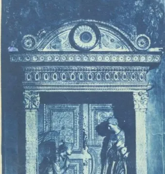 Cavalcanti Annunciation with an angel kneeling beside a standing figure beneath an arched pediment