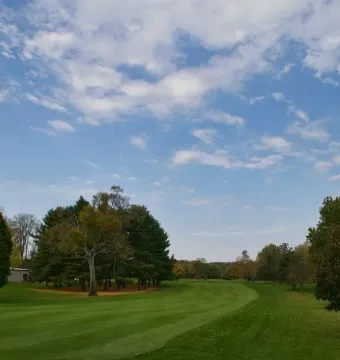 Grassy landscape at Newark Earthworks with mowed stripes and trees along the edges under a partly cloudy sky.