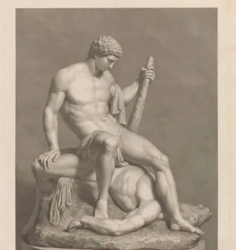 Monochrome print of Theseus seated on the defeated Minotaur, with Latin text below.