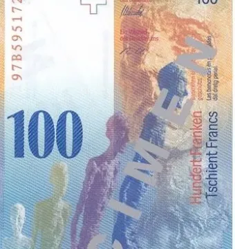 Translucent Walking Man I figures layered across a 100 Swiss franc banknote in blue, purple, and green tones.