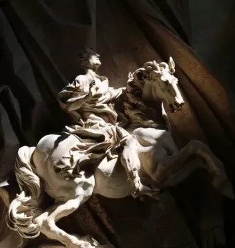 The Vision of Constantine, a white marble equestrian statue of a man on a rearing horse with arms outstretched.