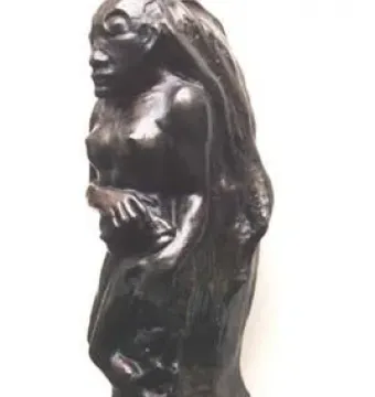Oviri sculpture by Paul Gauguin, a dark standing figure with long flowing hair and an animal form at the base.