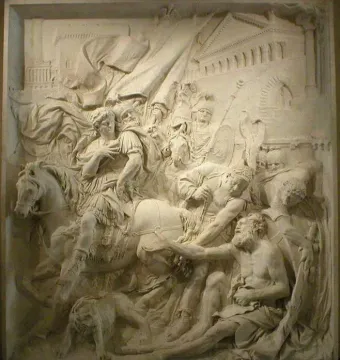 Alexandre et Diogène marble relief showing an armored horseman facing a seated bearded man amid a crowded classical scene.