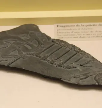 Bull Palette fragment with a stylized animal head, vertical bars, and a scaly creature in low relief.