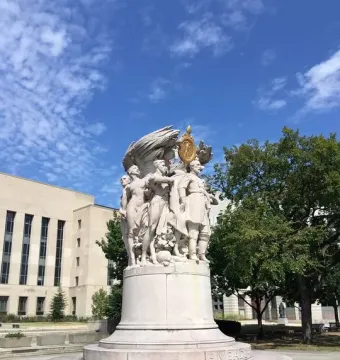 George Gordon Meade Memorial with a central figure, allegorical figures, and a gold medallion above the inscription \