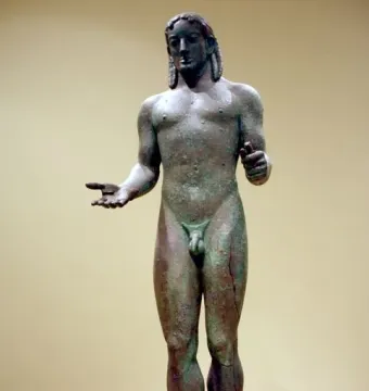 Piraeus Apollo bronze statue of a nude male figure with long hair and outstretched arms
