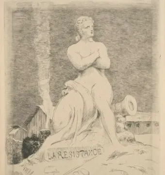 The Resistance sculpture showing a nude female figure seated with her arms crossed, a cannon beside her and buildings in the background.