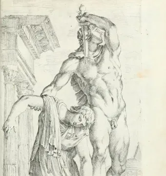 Etching of the Ludovisi Gaul scene showing a man stabbing himself while supporting a draped woman.