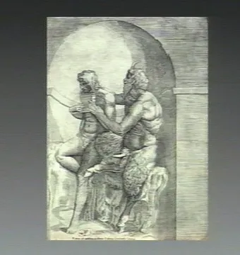 Black and white print of Pan and Daphne in an arched niche, with a horned figure assisting a smaller figure playing a flute.