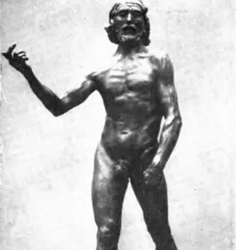 Saint John the Baptist by Rodin, a bronze sculpture of a standing male figure with a raised left arm.