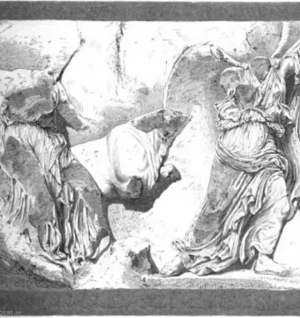 Fragmented Parthenon metope relief showing two draped figures around a bull.