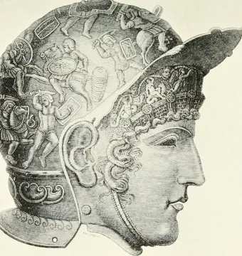 Roman bronze parade helmet from Ribchester shown in profile with a face mask, crest, and engraved battle scenes.