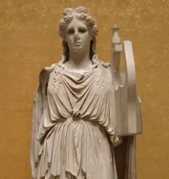 Apollo Barberini marble statue standing in a flowing robe and holding a lyre