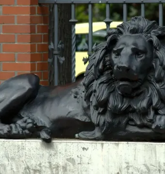 Guarding Lion sculpture on a concrete pedestal beside a decorative fence and brick column.