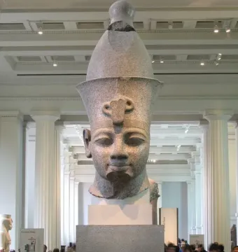 Colossal head of Amenhotep III displayed on a pedestal in a museum gallery.