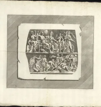 Antique black-and-white print of the Gemma Augustea showing its two-tiered relief with imperial figures above and soldiers, captives, and trophies below.