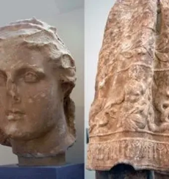 Stone head and draped relief fragment from the Lycosoura Demeter group displayed side by side.