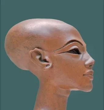 Profile view of the Head of a Princess sculpture with a smooth reddish-brown surface on a thin stand.