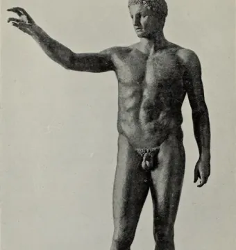 Antikythera Ephebe, a nude bronze male statue standing in contrapposto with one arm raised and extended forward.