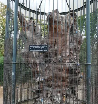 The Elfin Oak, a gnarled tree stump covered with small colorful figures inside a tall metal cage.