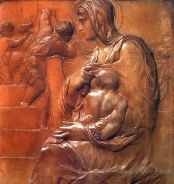 Madonna of the Stair relief carving showing a seated woman with a halo holding a child beside ascending steps and small figures.
