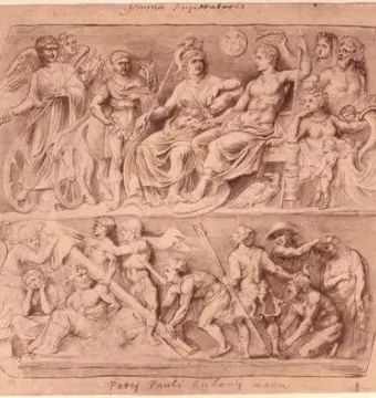 Sepia drawing of the Gemma Augustea showing a two-tiered classical relief with enthroned figures above and soldiers below.