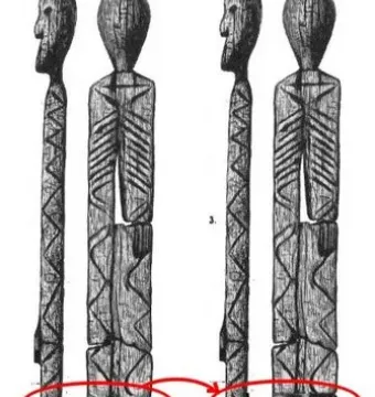 Illustration of the Shigir Idol showing carved geometric patterns and multiple human-like faces on its elongated wooden body.