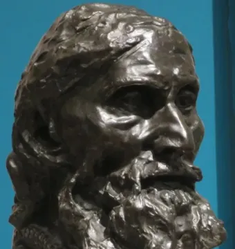 Bust of Eustache de Saint Pierre showing an elderly man with a textured beard, furrowed brow, and solemn expression.
