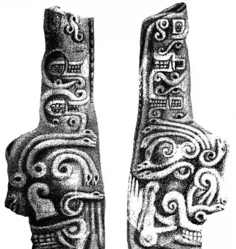 Black-and-white illustration of the Lanzón, a tall carved stone pillar with intricate figure and serpent-like designs.