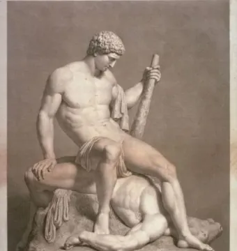 Monochrome engraving of Theseus and the Minotaur, showing a muscular figure seated atop the defeated bull-headed creature.
