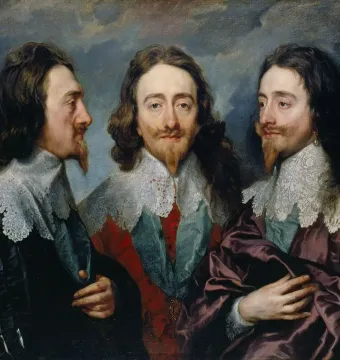 King Charles I shown in three portraits: left profile, frontal view, and right profile.