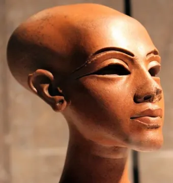 Right three-quarters profile of the Head of a Princess, a polished reddish-brown bust with almond-shaped eyes and full lips.