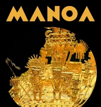 Golden Muisca raft sculpture with a central figure in an elaborate headdress surrounded by smaller figures.