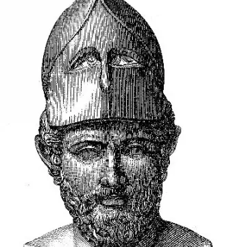 Bust of Pericles with a Corinthian helmet pushed up from his face.