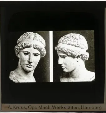 Two black-and-white views of Athena Lemnia showing the head with wavy hair and a band, including a frontal and profile view.