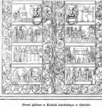 Black-and-white illustration of the Gniezno Doors with two ornate panels filled with relief scenes and lion-head knockers.