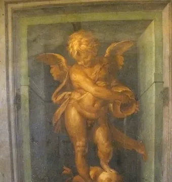 A winged putto standing on a dolphin and holding a vessel, painted within a decorative niche.