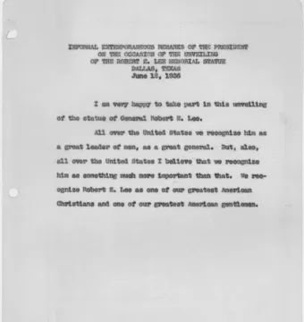 Typed remarks on a scanned document about the Robert E. Lee memorial dedication in Dallas, Texas.