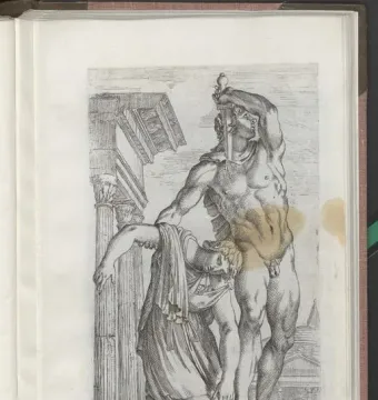 Black-and-white print of the Ludovisi Gaul showing a semi-nude male with a sword at his neck supporting a collapsing draped woman.