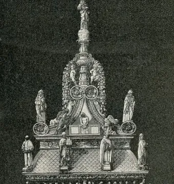 Engraving of the Arca di San Domenico, a tall multi-tiered sculptural monument with carved figures, relief scenes, and a statue at the top.