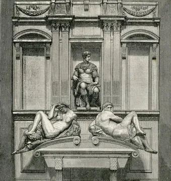 Tomb of Giuliano de\' Medici, a classical monument with a seated armored figure and reclining figures below.