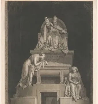 Tomb of Pope Clement XIV with a seated pope figure above two mourning women beside a sarcophagus