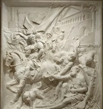 Alexandre et Diogène marble relief showing Alexander on horseback facing an elderly seated philosopher with soldiers and a banner around them.