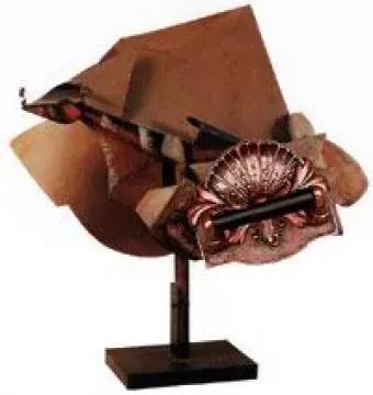 Dynamism of a Speeding Horse + Houses assemblage with fan-shaped metallic elements, cardboard planes, and angular rods.