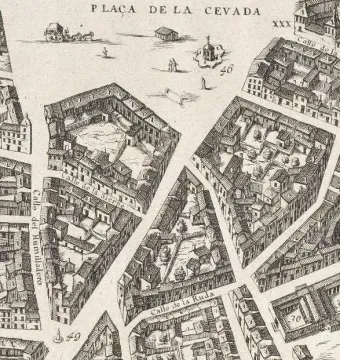 Historical map detail of Plaza de la Cebada showing the Fuente de la Abundancia marked in the square.