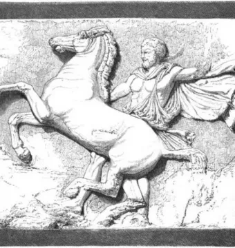 Parthenon metope relief showing a rearing horse beside a bearded draped man.