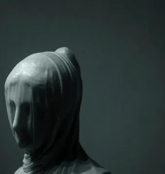 The Veiled Nun sculpture showing a veiled marble bust with the face softly visible beneath draped fabric.