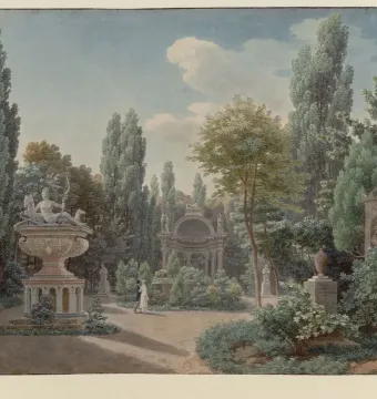 The Fountain of Diana with a reclining female figure, a deer, and a two-tiered basin in a tree-filled park.